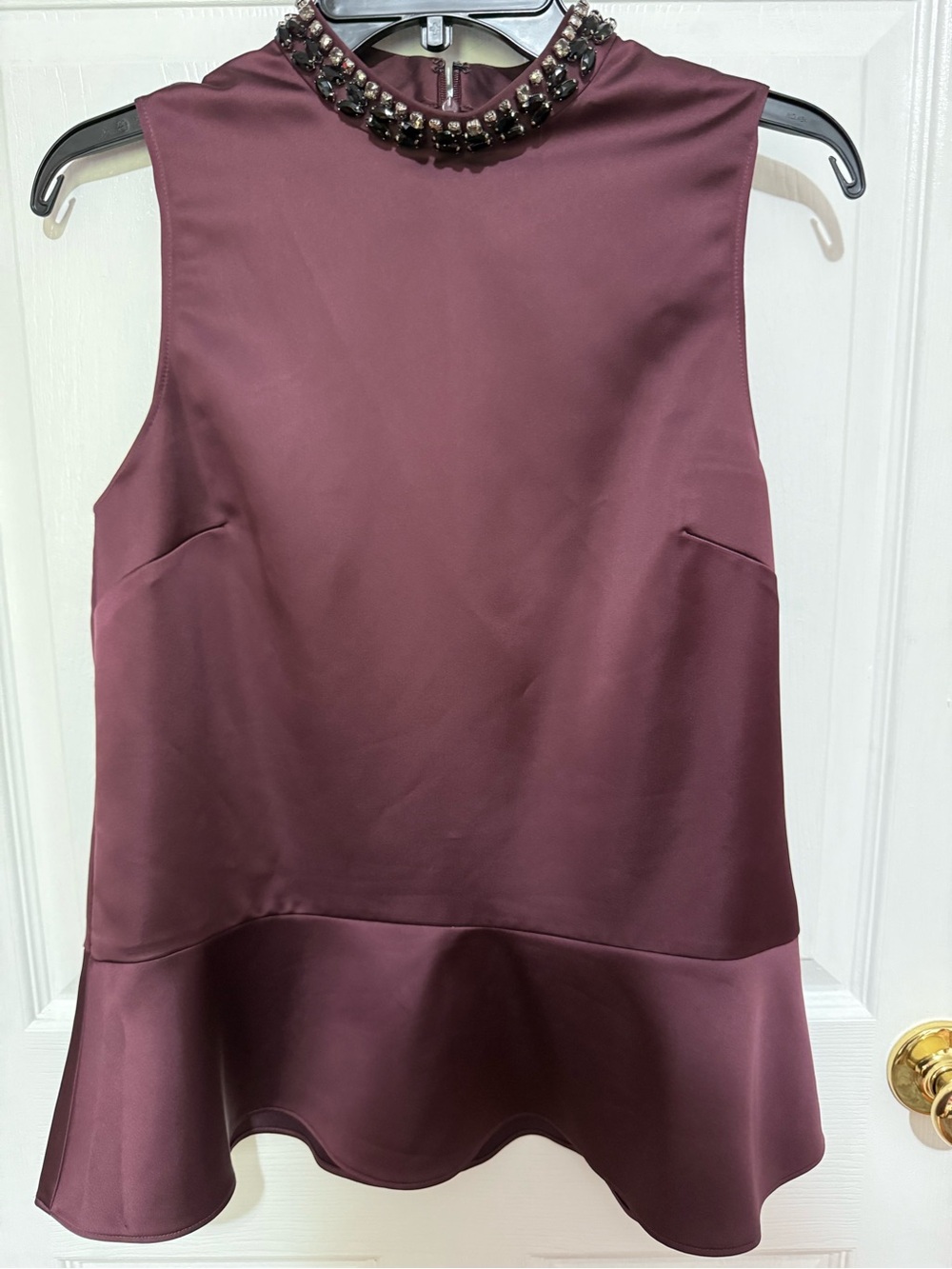 Reiss Beaded Neck Peplum Satin Top - Plum